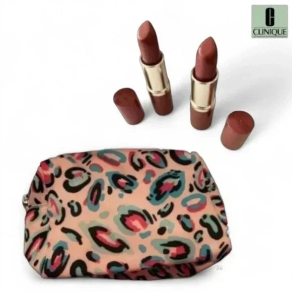 CLINIQUE 3-Pc Gift Set – 2 Love Pop #13 Lipsticks + Cheetah Print Cosmetic Bag - Picture 13 of 14